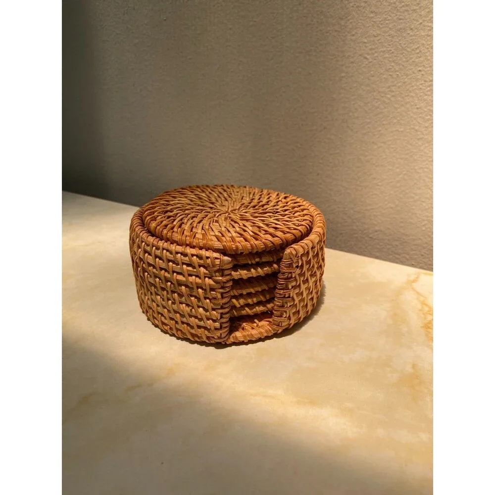 6pcs Vintage Rattan Drinks Tea Cup Mats Coasters Round Teapot Insulation Mat